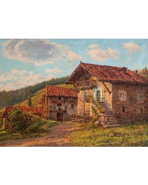 476-JUAN FERRER CARBONELL (1892 - 1985) Casa del pueblo" Óleo sobre lienzo.