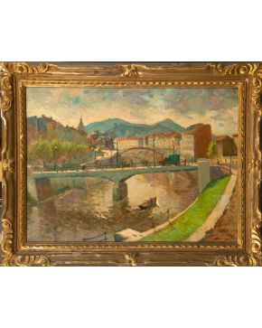 505-JACINTO OLIVÉ (Barcelona, 1896-1967) Vista de la ría de Bilbao" Òleo sobre