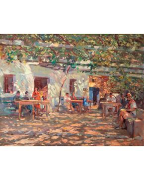 477-JUAN FERRER CARBONEL 1892-1985 La cantina en primavera" Óleo sobre lienzo