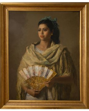 491-JUAN MIGUEL SÁNCHEZ (1900-1973) Dama con mantilla" Óleo sobre lienzo Fi