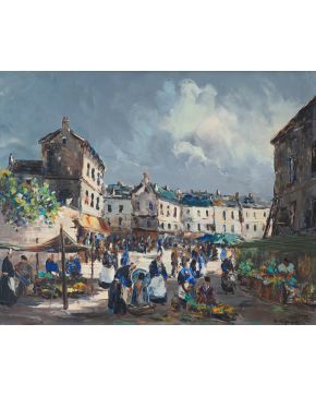 2042-CHRISTOPHE CHARPIDES (1902/09 - 1992) Mercado en Bretaña" Óleo sobre lienz