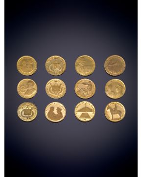 866-CONJUNTO FORMADO POR 12 MONEDAS CONMEMORATIVAS DE FRANCO EN ORO AMARILLO DE 18K. 