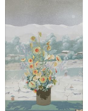 2006-ENRICO FAUSTINI (Italia 1940) Jarrón con flores"  Acrílico sobre tabla Firmado Medidas:  69,5 x 48,5 cm. "