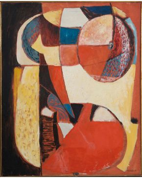 2027-ROSARIO MURABITO (Trecastagni, Catania 1907-Casoli, Camaiore, Lucca 1972)  Composición". c. 1955 Óleo sobre lienzo Firmado Medidas: 76 x 60,5 cm.