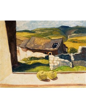 2005-JOAQUÍN ILUNDÁIN (Pamplona 1945) Paisaje con manzanas" Óleo sobre táblex Firmado Medidas: 58 x 73,5 cm. "