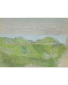 2000-ESCUELA CONTEMPORÁNEA S. XX Paisaje con el mar Cantábrico".1969  Pastel sobre papel  Firmado y fechado 1969  Medidas:45 x 62 cm. "