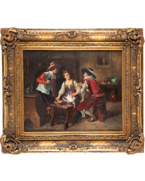 2062-GASTÓN BONFILS (Francia, 1855 - 1956) Los mosqueteros" Óleo sobre lienzo. Firmado en el ángulo inferior derecho "G. Bonfils" Medidas: 54 x 66 cm.