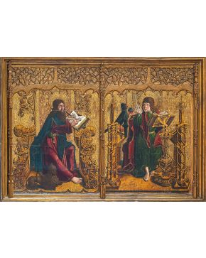 984-ESCUELA CASTELLANA S. XV, Círculo de Fernando Gallego (ca. 1440-1507) Evangelistas san Marcos y san Juan"  Óleo sobre tabla. Medidas: 80,5x115 cm.