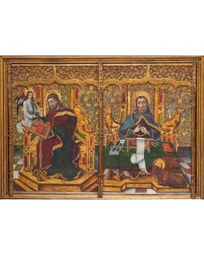 985-ESCUELA CASTELLANA S. XV, Círculo de Fernando Gallego (ca. 1440-1507) Evangelistas san Mateo y san Lucas"  Óleo sobre tabla. Medidas: 80,5x115 cm.