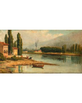 2045-FERNANDO MARTÍNEZ CHECA (Requena, Valencia, 1858 - Baeza, Jaén 1933) El río Arno" Óleo sobre lienzo. Firmado ángulo inferior izquierdo: "Mr Checa