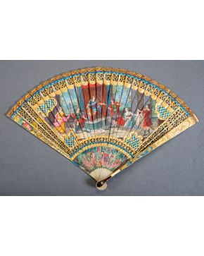 422-Abanico de baraja, s. XIX, con varillaje de hueso pintado, dorado y policromado con chinerías y representación del Jucio de Salomón". Padrones tal