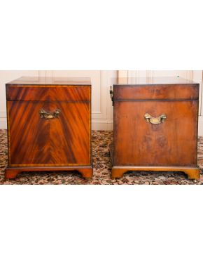 362-Wine cooler" Pareja de cajas enfriadoras para vino inglesas en madera de raíz y ebonizada. Al interior compartimento con bandejas con decoración 