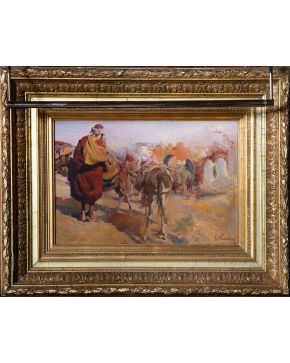 605-JOSÉ NAVARRO LLORENS (Valencia, 1867-1923)  "Beduinos" Óleos sobre lienzo Medidas: 23,5 x 35 cm. Firmado ángulo inferior derecho: "J. Navarro" Pro