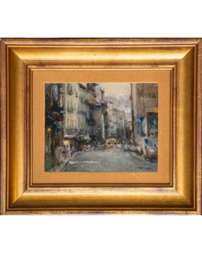 2041-CARLOS LAHARRAGUE RODRIGUEZ-BAUZA (1936-2018) Vista de una calle de Madrid" Óleo sobre lienzo Medidas: 19 x 24 cm. Firmado: “Laharrague"