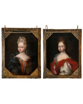 391-ESCUELA FRANCESA  Segunda mitad del S. XVIII "Pareja de damas nobles" Óleo sobre lienzo Medidas: 67 x 50 cm. 