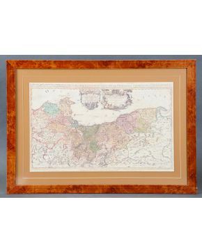 2051-Estampa calcogáfica iluminada representando mapa de la región de Pomerania en 1692 Medidas: 42 x 67 cm. 