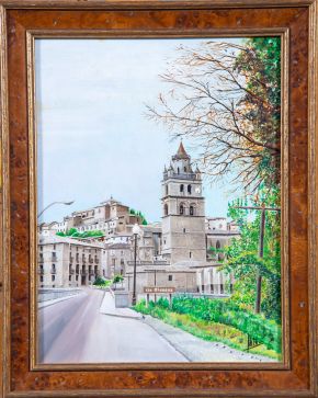 2040-ESCUELA ESPAÑOLA, S.XX Vista de Calahorra" Óleo sobre lienzo Firmado en el ángulo inferior derecho Medidas: 30 x 40 cm"