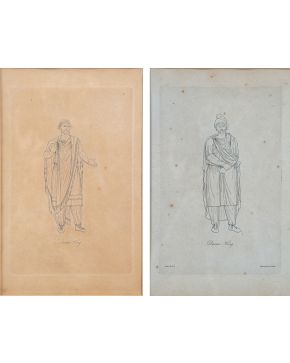 2055-Pareja de estampas calcográficas que representan  a dos reyes Dacios, inspirados en la estatuaria clásica romana de la època del emperador Trajan