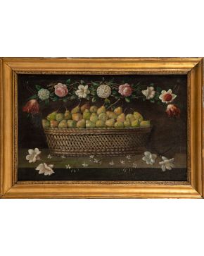 409-ESCUELA ESPAÑOLA Segunda mitad de S.XVII "Bodegón con cesto de peras y flores" Óleo sobre lienzo Medidas: 45,5 x 71,5 cm. 
