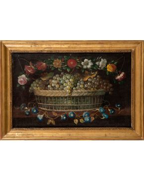 408-ESCUELA ESPAÑOLA Segunda mitad de S.XVII "Bodegón con cesto de uvas y flores" Óleo sobre lienzo Medidas: 45,5 x 71,5 cm.