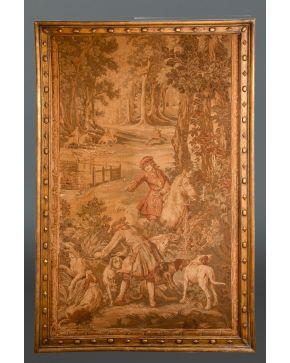 2063-Decorativo tapiz mecánico con escena de caza. Enmarcado.   Medidas totales: 226x142 cm. 	 