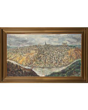 25-JOSÉ AGUIAR (Santa Clara, Cuba 1895-Madrid 1976)  Paisaje de Toledo" Óleo sobre lienzo  Firmado Medidas: 53 x 93 cm."