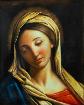 2066-ESCUELA ESPAÑOLA S.XX Cabeza de la  Virgen" Óleo sobre lienzo Medidas: 50 x 40 cm. Caneza de Virgen inspirada en el modelo de la pintura de Guido