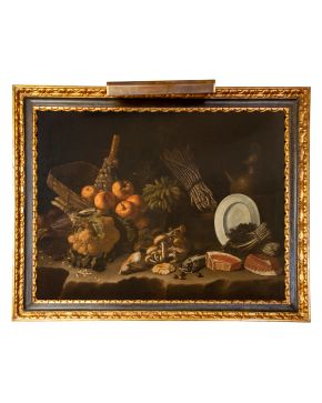 400-ESCUELA ESPAÑOLA   Primera mitad s. XVIII   "Bodegón con frutas, hortalizas y carne"   Óleo sobre lienzo Medidas: 97x123 cm. 	 