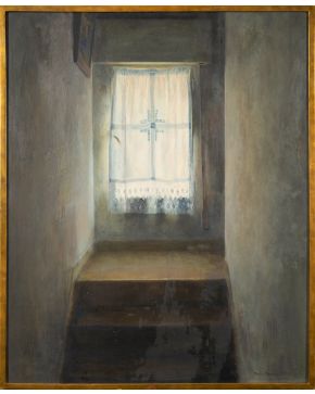 57-MARÍA MORENO (Madrid 1933-2020) La Ventana". 1970 Óleo sobre tabla Firmado y fechado 1970 Al dorso firmado y titulado "La ventana" Al dorso también