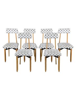 65-ROBERTO ALOI (Palermo 1897 - Bérgamo 1981) Juego de seis sillas de comedor de madera de arce y estructura de metal esmaltado con tapicería de terci