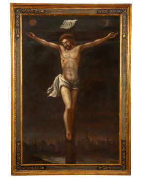 989-ESCUELA ESPAÑOLA, S. XVII "Cristo crucificado" Óleo sobre lienzo Medidas: 107 x 70 cm