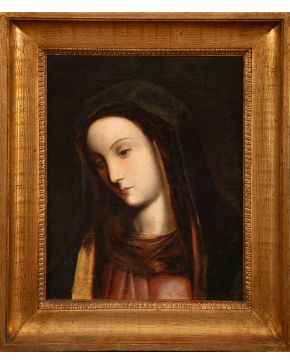 1009-ESCUELA ESPAÑOLA, S. XVI "Virgen orante" Óleo sobre lienzo Medidas: 38 x 31 cm. 