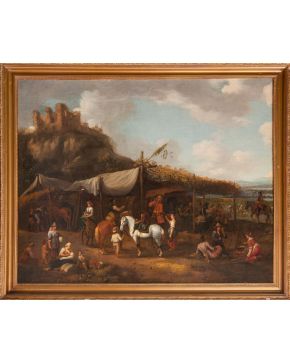 986-ESCUELA FLAMENCA, S. XVII Campamento con revisión de tropas al fondo" Óleo sobre lienzo Medidas: 92 x 103 cm. "