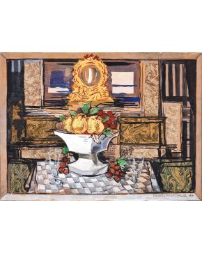 48-ISMAEL GONZÁLEZ DE LA SERNA (Guadix, Granada 1898-París 1968) El frutero". 1955 Acrílico, óleo y collage de papeles pintados sobre papel adherido a