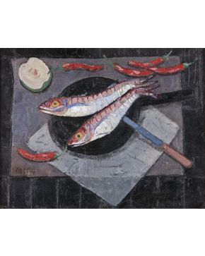 37-PANCHO COSSÍO (Pinar del Río, Cuba 1898-Alicante 1970) Salmonetes". 1926-1927 Óleo sobre lienzo Firmado Medidas: 45,5 x 58 cm.  Procedencia anterio