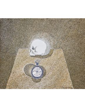 52-CRISTINO DE VERA (Santa Cruz de Tenerife 1931) Cráneo y reloj". 1979 Óleo sobre lienzo Firmado Medidas: 54 x 65 cm.  Procedencia anterior: -Galería