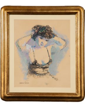 18-JOSEP MARÍA MALLOL SUAZO (Barcelona 1910-1986) Retrato de mujer joven".  Gouache sobre papel Firmado Medidas: 35 x 29 cm."
