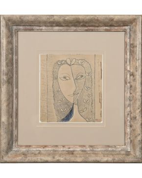 51-MANUEL ÁNGELES ORTIZ (Jaén 1895-París 1984) Imagen femenina vegetal".  Dibujo a tinta azul y lápiz sobre papel.  Firmado con sello de testamentaría