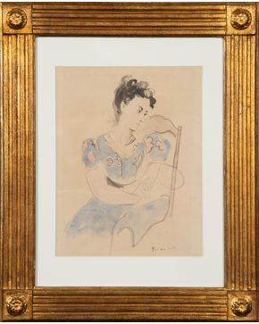 23-EMILIO GRAU SALA (Barcelona 1911-1975) Dama sentada con vestido azul" Gouache y tinta sobre papel Firmado Medidas: 30,5 x 23 cm."