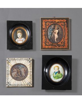 1028-Cuatro miniaturas: Abelard presenta Hymen a Heloise copia de Angelica Kauffmann",  "Retrato de caballero", "Retrato de niña" y "Roger liberando a