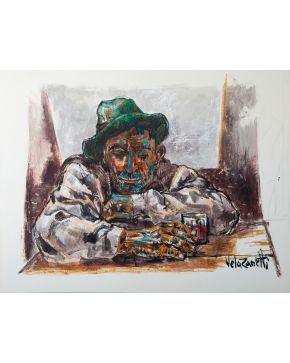 21-JOSÉ VELA ZANETTI (Burgos 1913-1999)  En el bar" Gouache, ceras y tinta aguada sobre cartón Firmado Medidas: 68 x 88 cm.  Agradecemos a Ángeles Pen