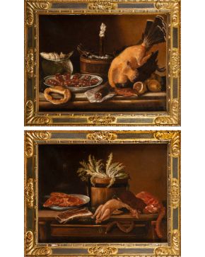 998-MARIANO NANI (Nápoles, 1726-­Madrid, 1806) 1762 Pareja de bodegones: Carnes y vegetales" y "Pavo, salami, fruta y vino" Óleo sobre lienzo Firmado 
