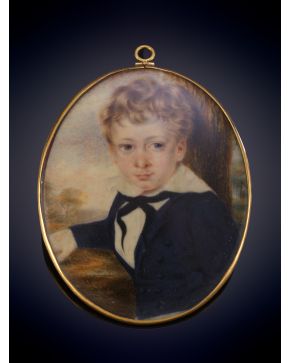 1-Miniatura finales siglo XIX. Retrato de infante. Con marco oval en oro de 18k. Medidas: 7,5 x 6 cm.