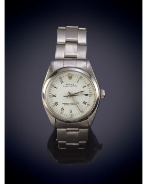 725-ROLEX OYSTER PERPETUAL"" RELOJ DE PULSERA CON CAJA Y BRAZALETE EN ACERO. MOVIMIENTO AUTOMÁTICO. Esfera blanca con numeración a