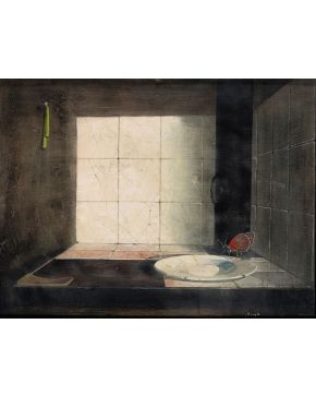 2014-FRANCISCO GARCÍA ABUJA (Madrid 1924) Fogón con plato y mariposa"  Óleo sobre lienzo Firmado Medidas: 49