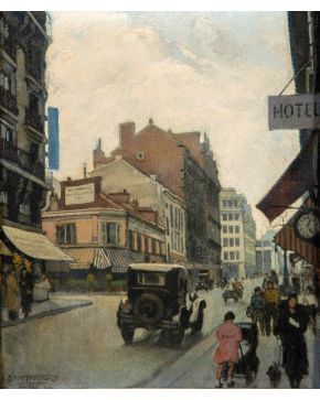 2046-RAFAEL CANTARERO (Sevilla, 1907-1957) Calle de París" Óleo sobre lienzo. Medidas: 60 x 50 cm."