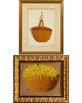 2054-PEDRO CÁMARA (1936) “Canasto con mimosas” y “Canasto con setas” Óleo sobre lienzo Firmado en el ángulo 