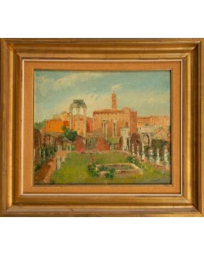 2048-PELAYO DE OLAORTUA (1910-1983) “Vista del Foro Romano” Óleo sobre tabla  Firmado Medidas: 49 x 43 cm.