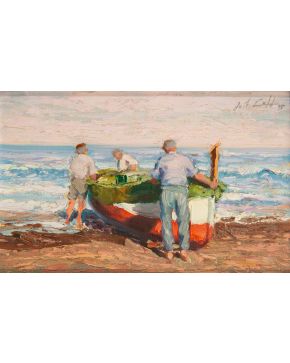 2058-JOSÉ LULL (1933) Pescadores" Óleo sobre lienzo Firmado Medidas: 34 x 22 cm."