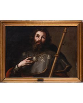 524-CÍRCULO DE CLAUDIO COELLO Segunda mitad del S. XVII  Santiago Apostol"  Óleo sobre lienzo Medidas: 70 x 